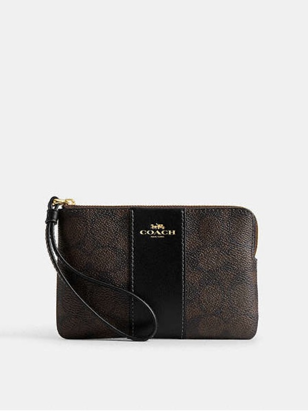 Coach Corner Zip Wristlet In Signature Canvas With Center Stripe IM/Walnut/Black
